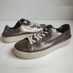 Frye Lena Lace Up Sneakers Leather Stitch Metallic Gold Silver Pink Low Top 9